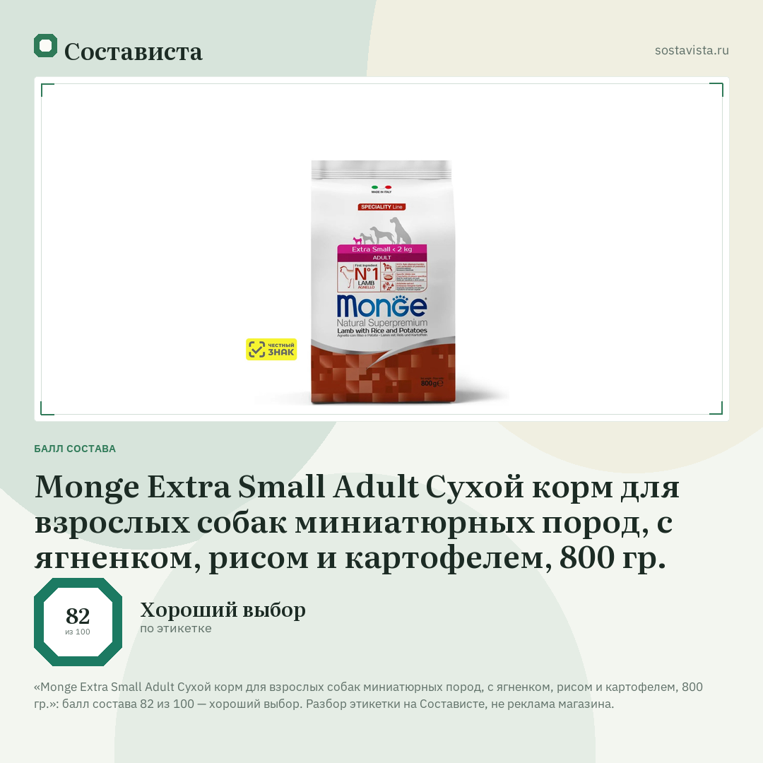 Monge Extra Small Adult Сухой корм для взрослых собак миниатюрных пород, с ягненком, рисом и картофелем, 800 гр.: балл состава 82 из 100 — Состависта