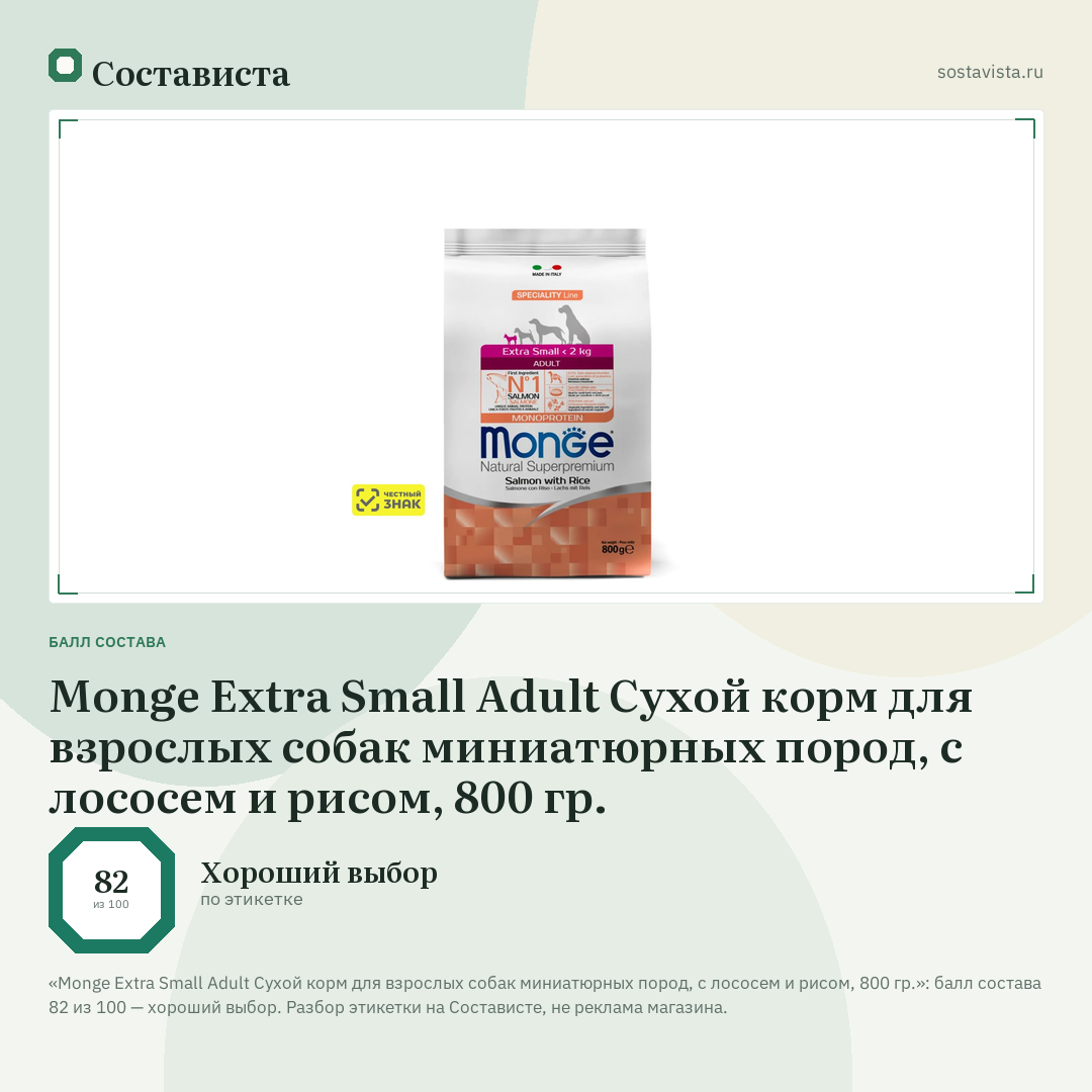 Monge Extra Small Adult Сухой корм для взрослых собак миниатюрных пород, с лососем и рисом, 800 гр.: балл состава 82 из 100 — Состависта