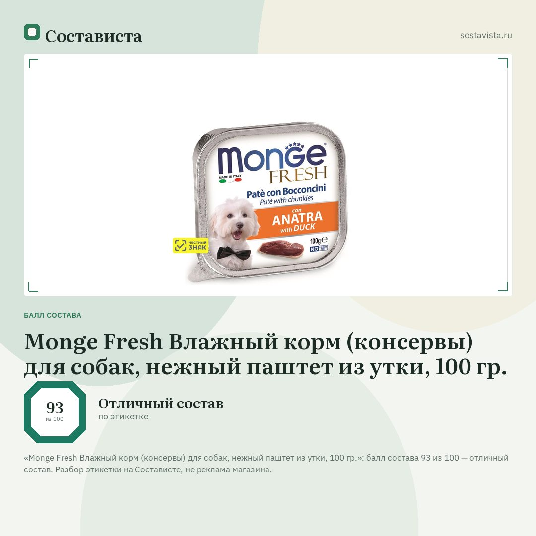 Monge Fresh Влажный корм (консервы) для собак, нежный паштет из утки, 100 гр.: балл состава 93 из 100 — Состависта