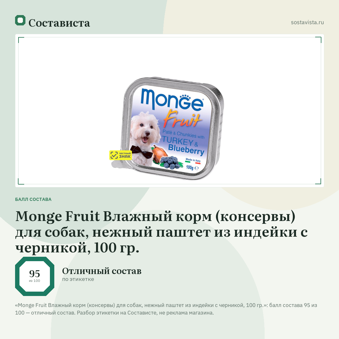 Monge Fruit Влажный корм (консервы) для собак, нежный паштет из индейки с черникой, 100 гр.: балл состава 95 из 100 — Состависта