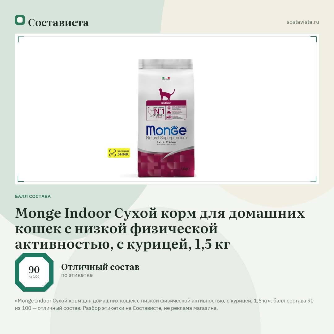 Monge Indoor Сухой корм для домашних кошек с низкой физической активностью, с курицей, 1,5 кг: балл состава 90 из 100 — Состависта