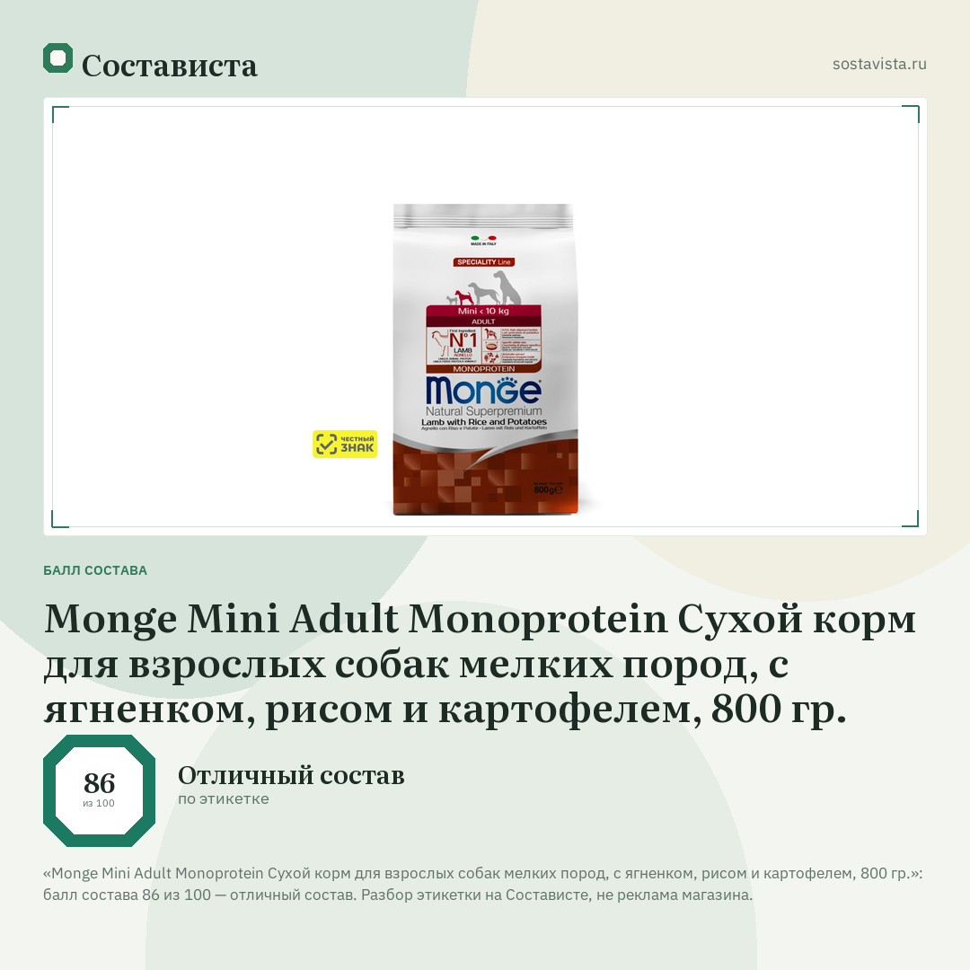 Monge Mini Adult Monoprotein Сухой корм для взрослых собак мелких пород, с ягненком, рисом и картофелем, 800 гр.: балл состава 86 из 100 — Состависта