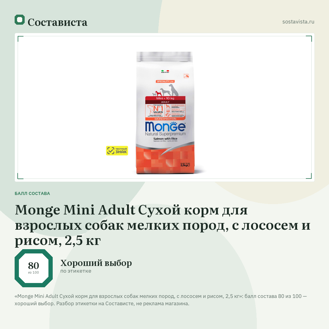 Monge Mini Adult Сухой корм для взрослых собак мелких пород, с лососем и рисом, 2,5 кг: балл состава 80 из 100 — Состависта