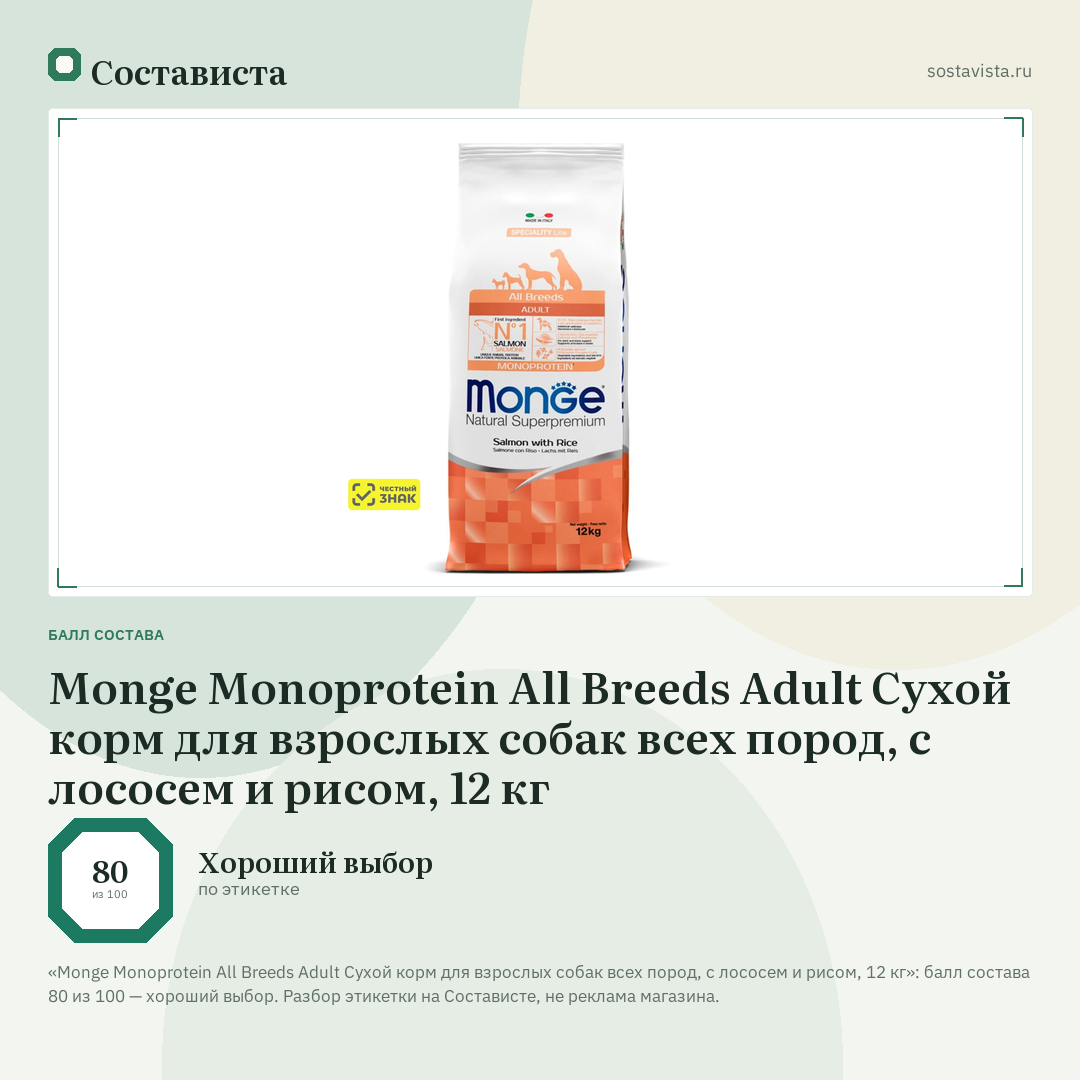 Monge Monoprotein All Breeds Adult Сухой корм для взрослых собак всех пород, с лососем и рисом, 12 кг: балл состава 80 из 100 — Состависта