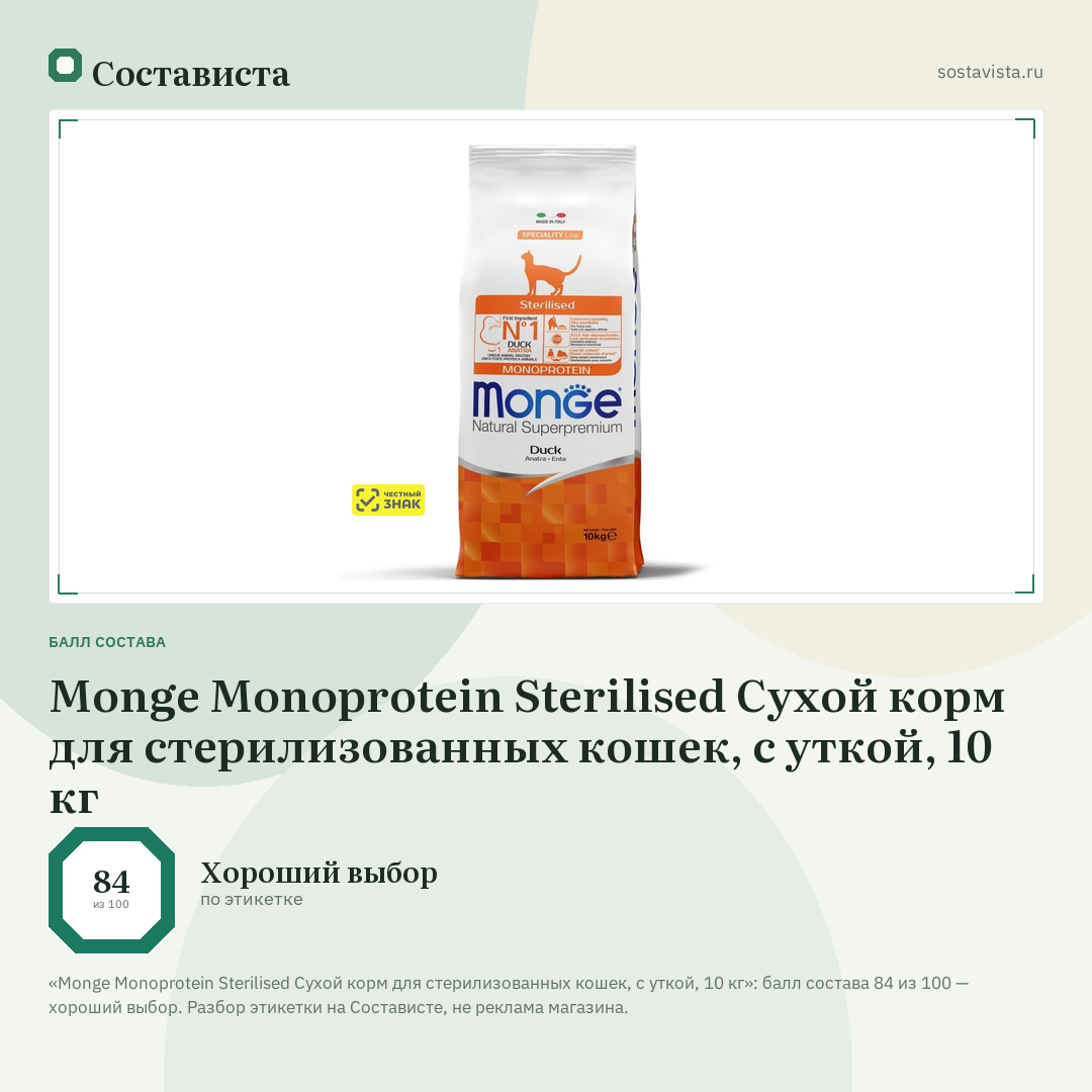 Monge Monoprotein Sterilised Сухой корм для стерилизованных кошек, с уткой, 10 кг: балл состава 84 из 100 — Состависта