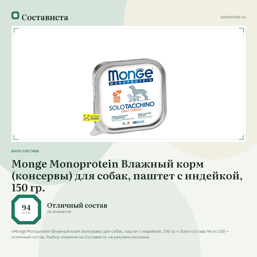 Monge Monoprotein Влажный корм (консервы) для собак, паштет с индейкой, 150 гр.: балл состава 94 из 100 — Состависта