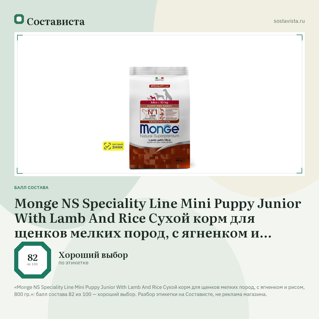 Monge NS Speciality Line Mini Puppy Junior With Lamb And Rice Сухой корм для щенков мелких пород, с ягненком и рисом, 800 гр.: балл состава 82 из 100 — Состависта