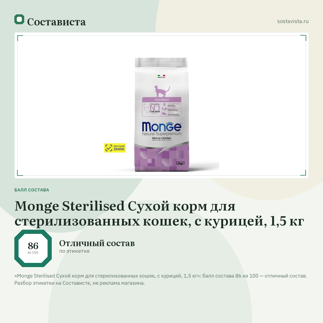Monge Sterilised Сухой корм для стерилизованных кошек, с курицей, 1,5 кг: балл состава 86 из 100 — Состависта