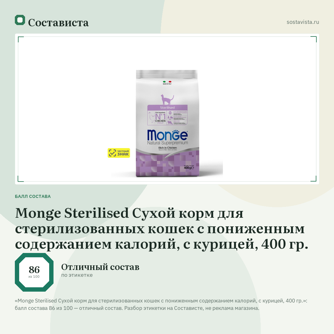 Monge Sterilised Сухой корм для стерилизованных кошек с пониженным содержанием калорий, с курицей, 400 гр.: балл состава 86 из 100 — Состависта