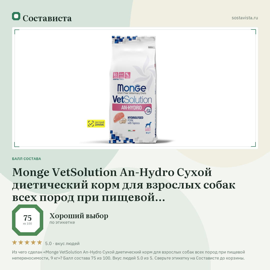 Monge VetSolution An-Hydro Сухой диетический корм для взрослых собак всех пород при пищевой непереносимости, 9 кг: балл состава 75 из 100 — Состависта
