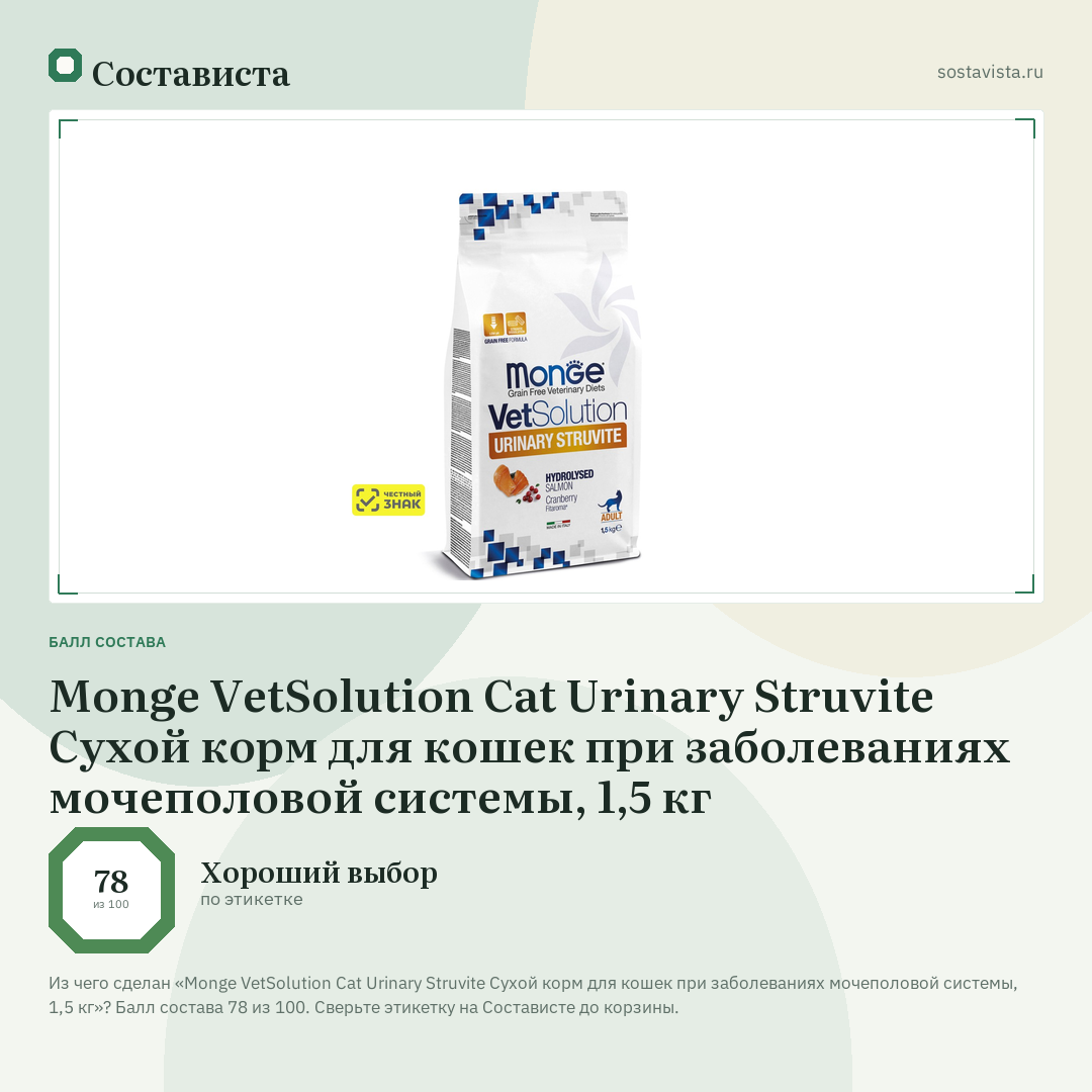 Monge VetSolution Cat Urinary Struvite Сухой корм для кошек при заболеваниях мочеполовой системы, 1,5 кг: балл состава 78 из 100 — Состависта