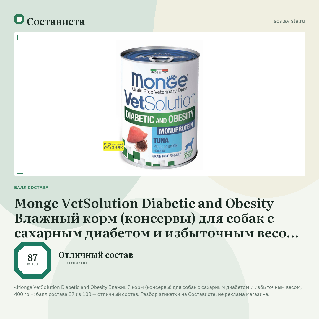 Monge VetSolution Diabetic and Obesity Влажный корм (консервы) для собак с сахарным диабетом и избыточным весом, 400 гр.: балл состава 87 из 100 — Состависта