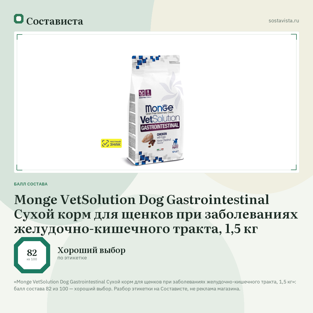 Monge VetSolution Dog Gastrointestinal Сухой корм для щенков при заболеваниях желудочно-кишечного тракта, 1,5 кг: балл состава 82 из 100 — Состависта