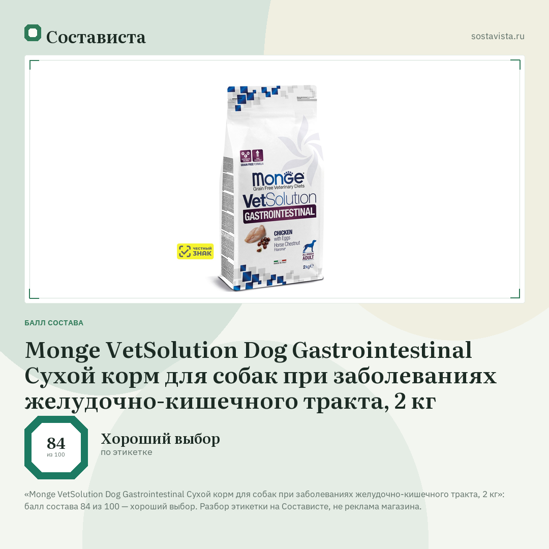Monge VetSolution Dog Gastrointestinal Сухой корм для собак при заболеваниях желудочно-кишечного тракта, 2 кг: балл состава 84 из 100 — Состависта