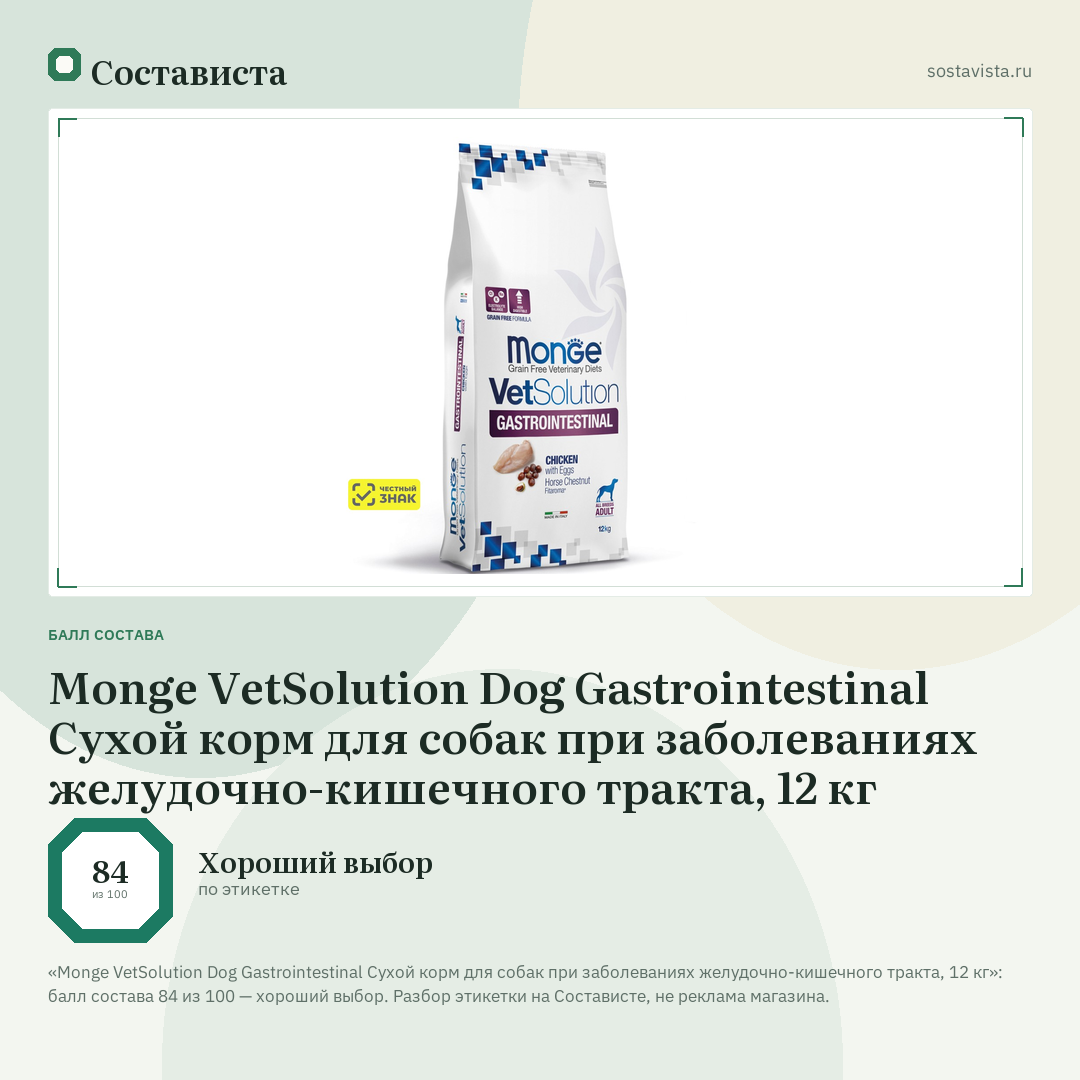 Monge VetSolution Dog Gastrointestinal Сухой корм для собак при заболеваниях желудочно-кишечного тракта, 12 кг: балл состава 84 из 100 — Состависта