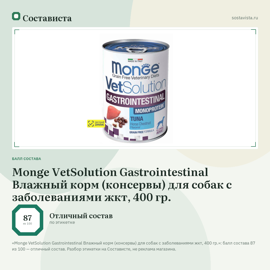 Monge VetSolution Gastrointestinal Влажный корм (консервы) для собак с заболеваниями жкт, 400 гр.: балл состава 87 из 100 — Состависта