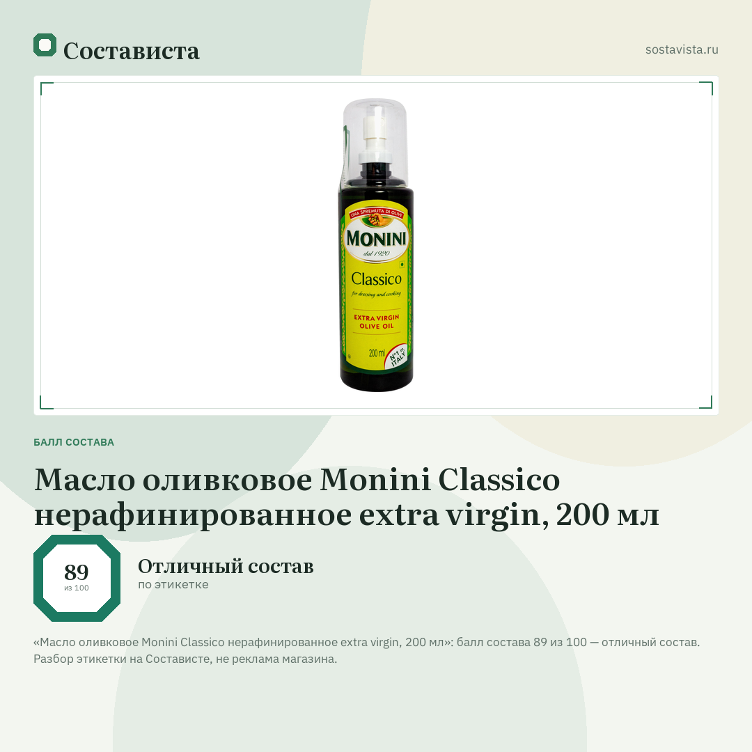 Масло оливковое Monini Classico нерафинированное extra virgin, 200 мл: балл состава 89 из 100 — Состависта
