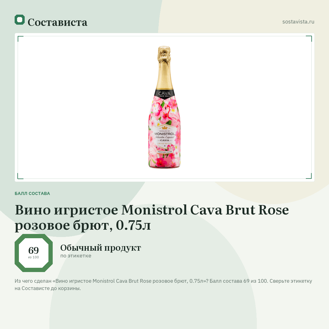 Вино игристое Monistrol Cava Brut Rose розовое брют, 0.75л: балл состава 69 из 100 — Состависта