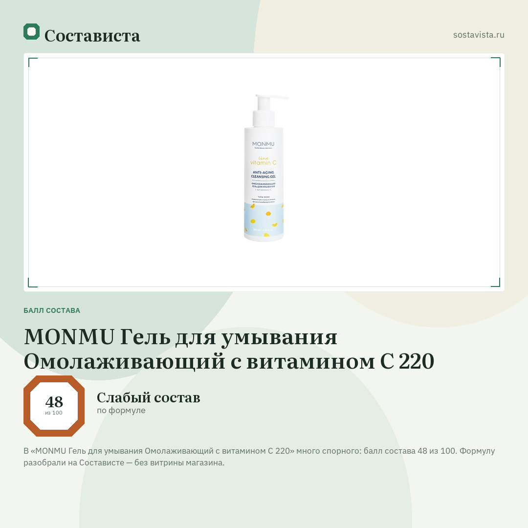 MONMU Гель для умывания Омолаживающий с витамином С 220: балл состава 48 из 100 — Состависта