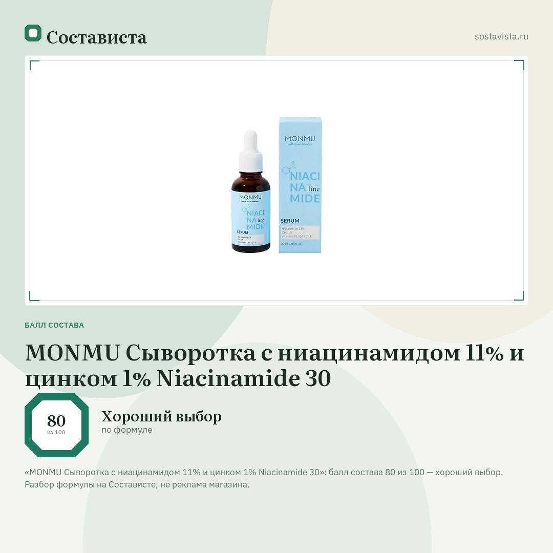 MONMU Сыворотка с ниацинамидом 11% и цинком 1% Niacinamide 30: балл состава 80 из 100 — Состависта