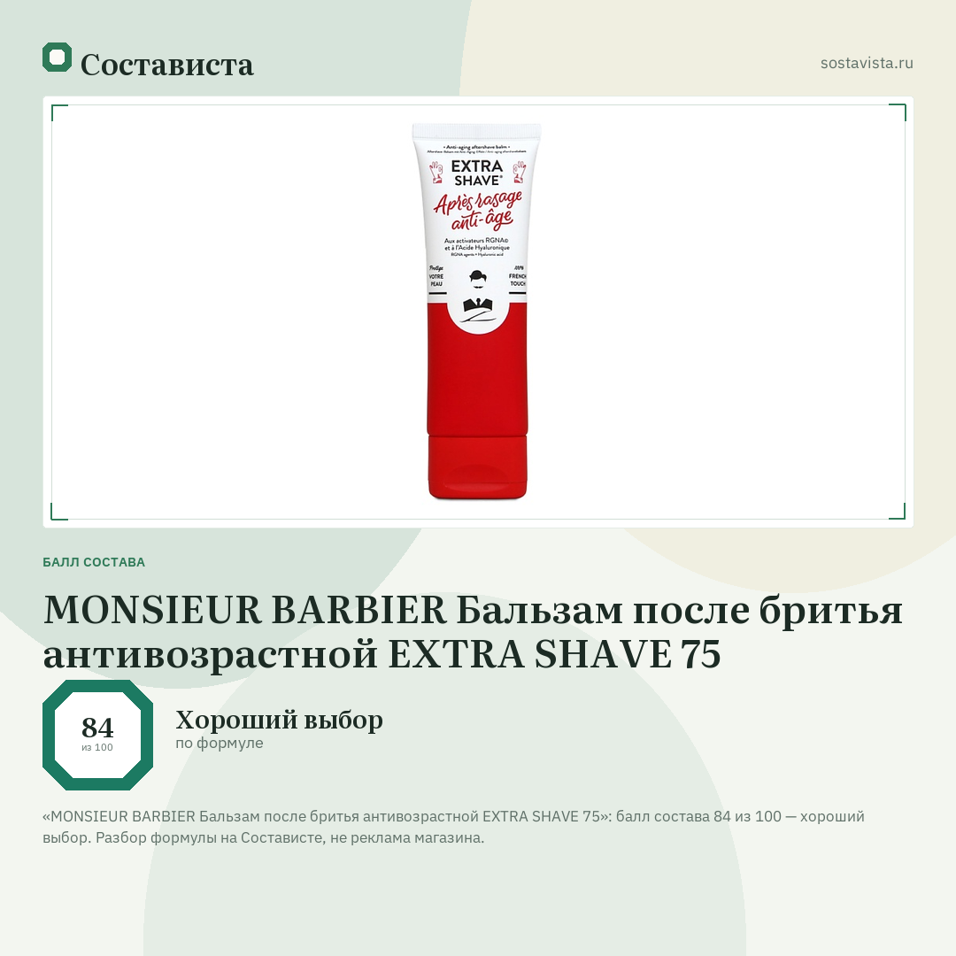 MONSIEUR BARBIER Бальзам после бритья антивозрастной EXTRA SHAVE 75: балл состава 84 из 100 — Состависта