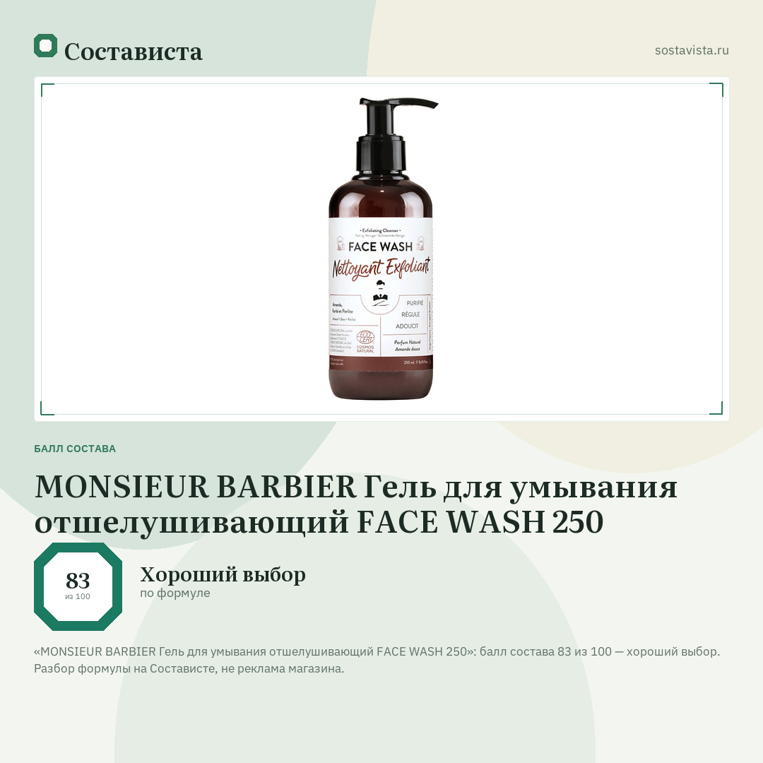 MONSIEUR BARBIER Гель для умывания отшелушивающий FACE WASH 250: балл состава 83 из 100 — Состависта