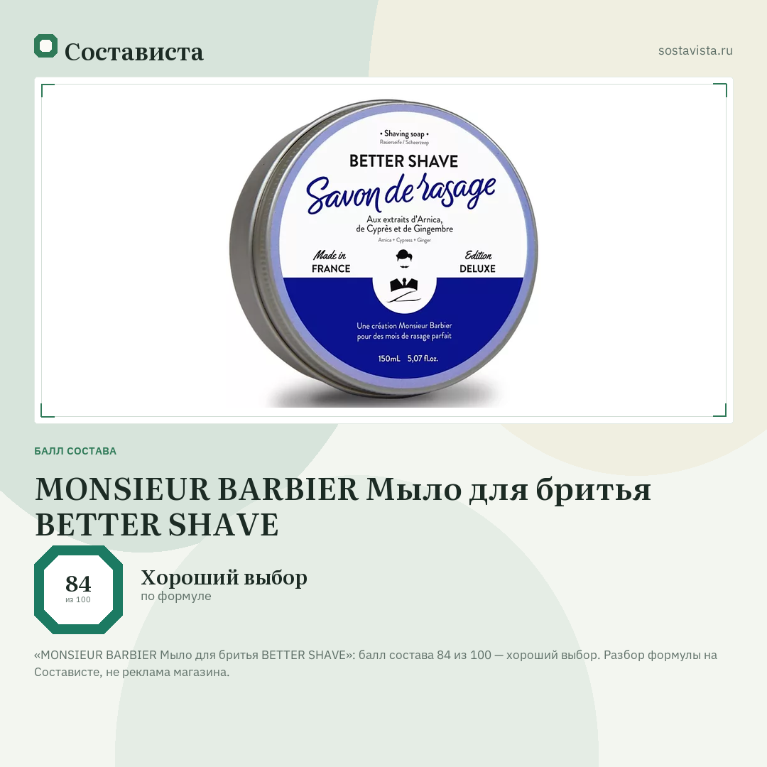 MONSIEUR BARBIER Мыло для бритья BETTER SHAVE: балл состава 84 из 100 — Состависта