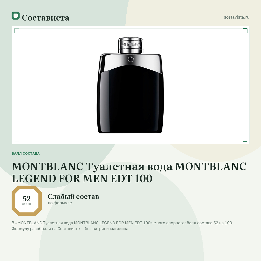 MONTBLANC Туалетная вода MONTBLANC LEGEND FOR MEN EDT 100: балл состава 52 из 100 — Состависта