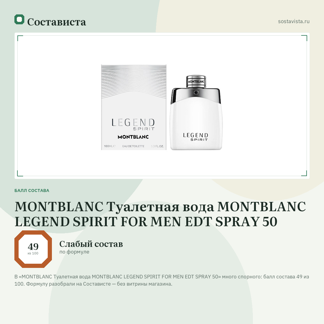 MONTBLANC Туалетная вода MONTBLANC LEGEND SPIRIT FOR MEN EDT SPRAY 50: балл состава 49 из 100 — Состависта