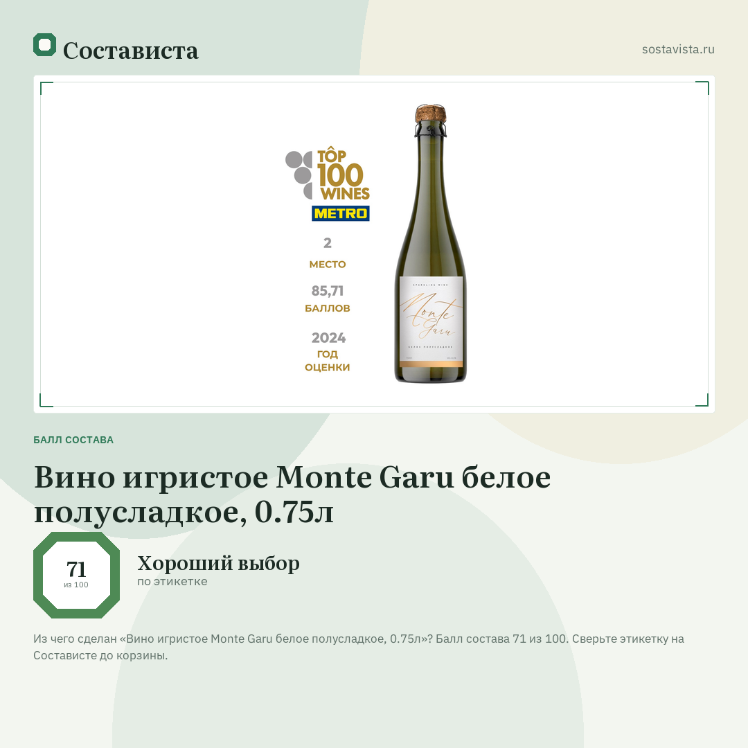 Вино игристое Monte Garu белое полусладкое, 0.75л: балл состава 71 из 100 — Состависта