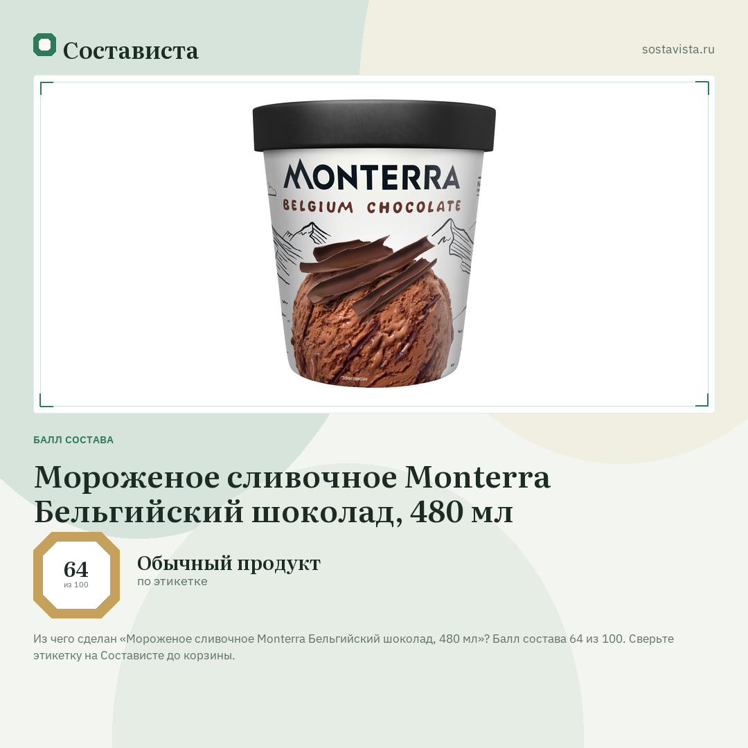 Мороженое сливочное Monterra Бельгийский шоколад, 480 мл: балл состава 64 из 100 — Состависта