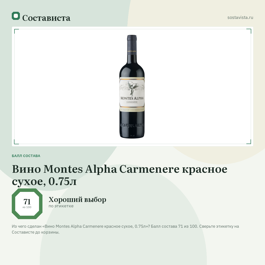 Вино Montes Alpha Carmenere красное сухое, 0.75л: балл состава 71 из 100 — Состависта