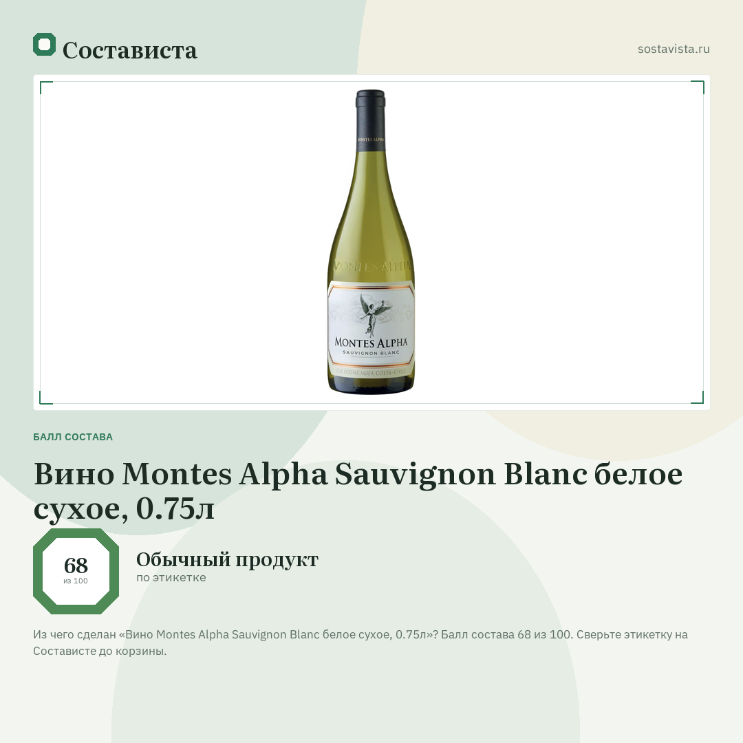 Вино Montes Alpha Sauvignon Blanc белое сухое, 0.75л: балл состава 68 из 100 — Состависта