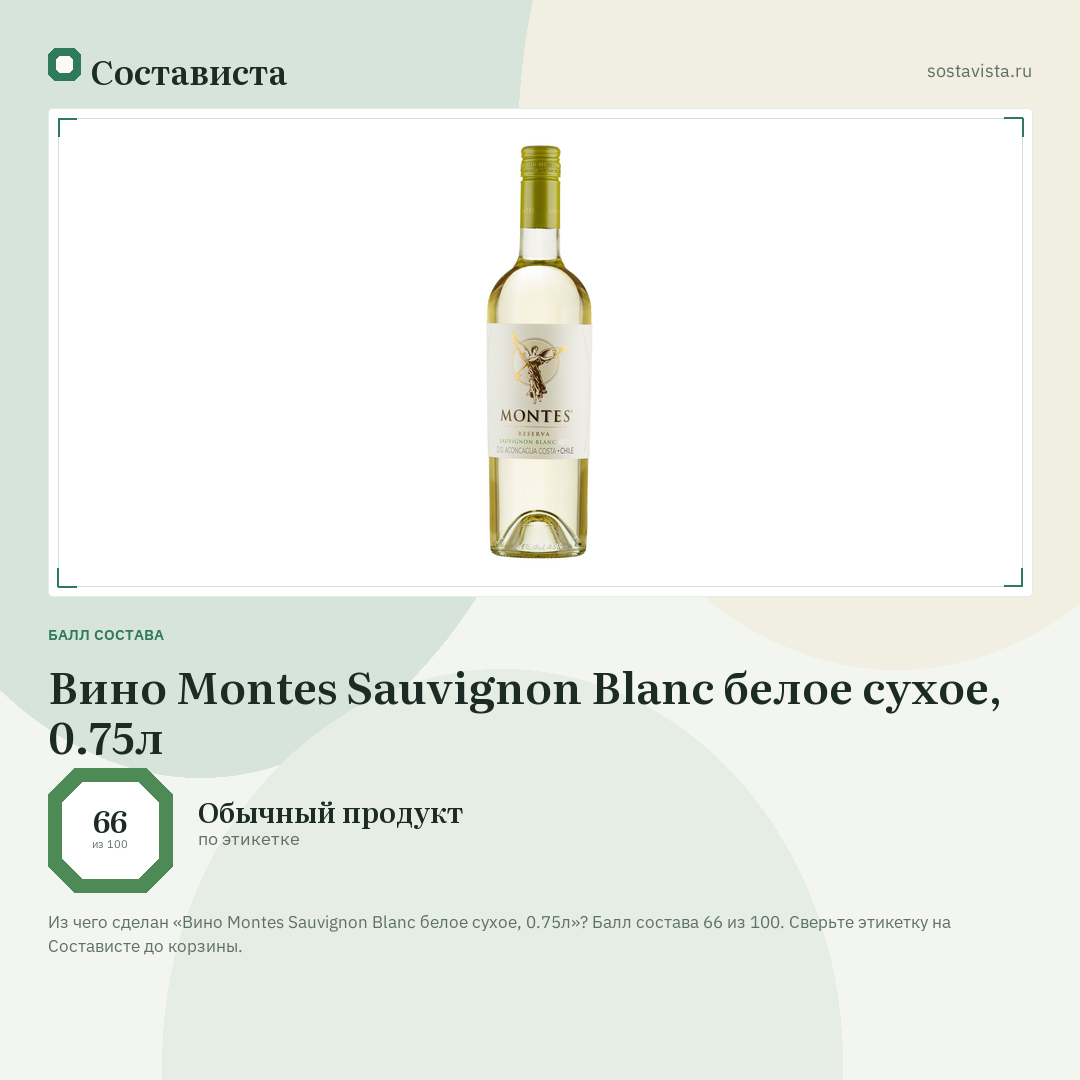 Вино Montes Sauvignon Blanc белое сухое, 0.75л: балл состава 66 из 100 — Состависта