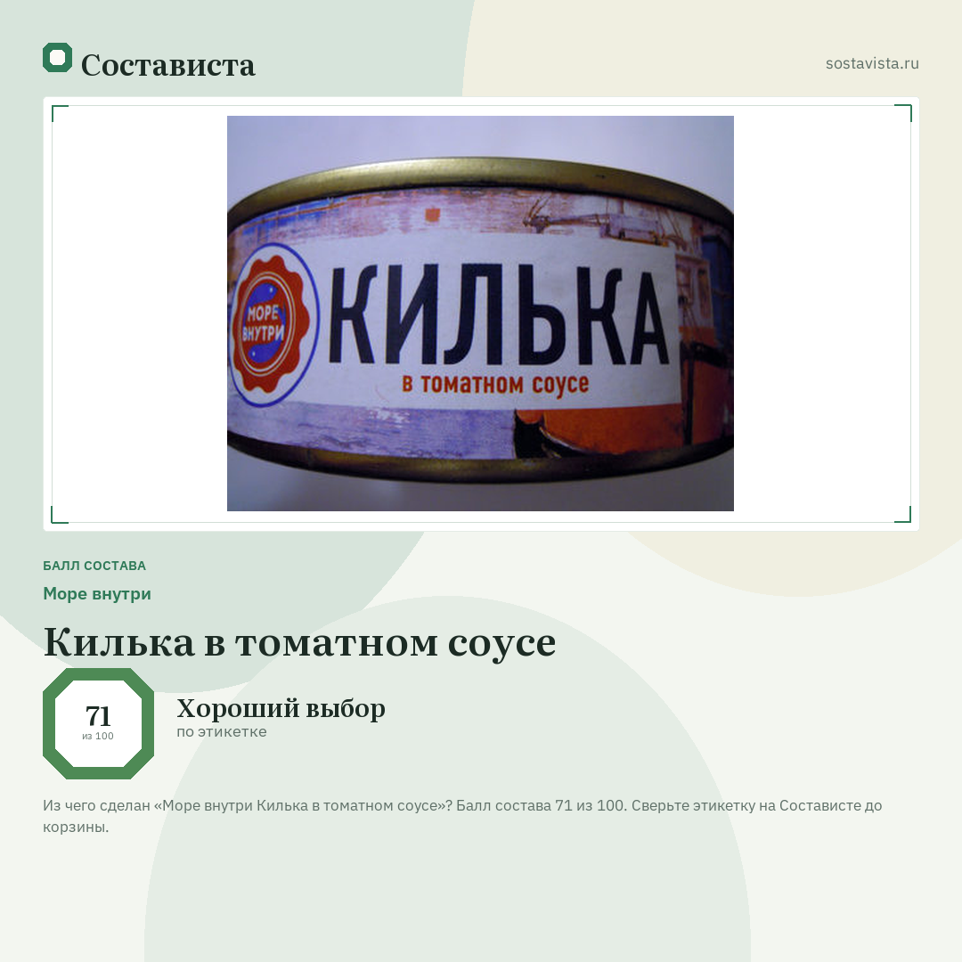 Море внутри Килька в томатном соусе: балл состава 71 из 100 — Состависта