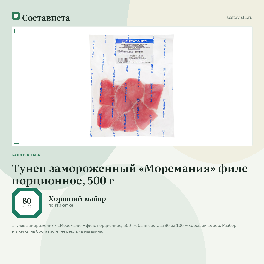 Тунец замороженный «Моремания» филе порционное, 500 г: балл состава 80 из 100 — Состависта
