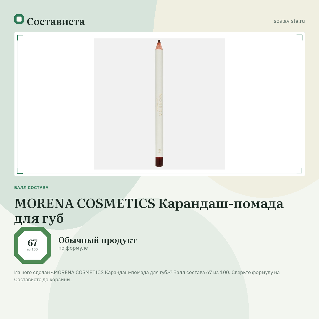 MORENA COSMETICS Карандаш-помада для губ: балл состава 67 из 100 — Состависта