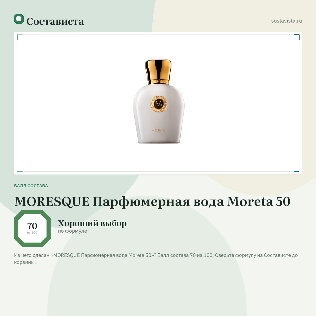 MORESQUE Парфюмерная вода Moreta 50: балл состава 70 из 100 — Состависта