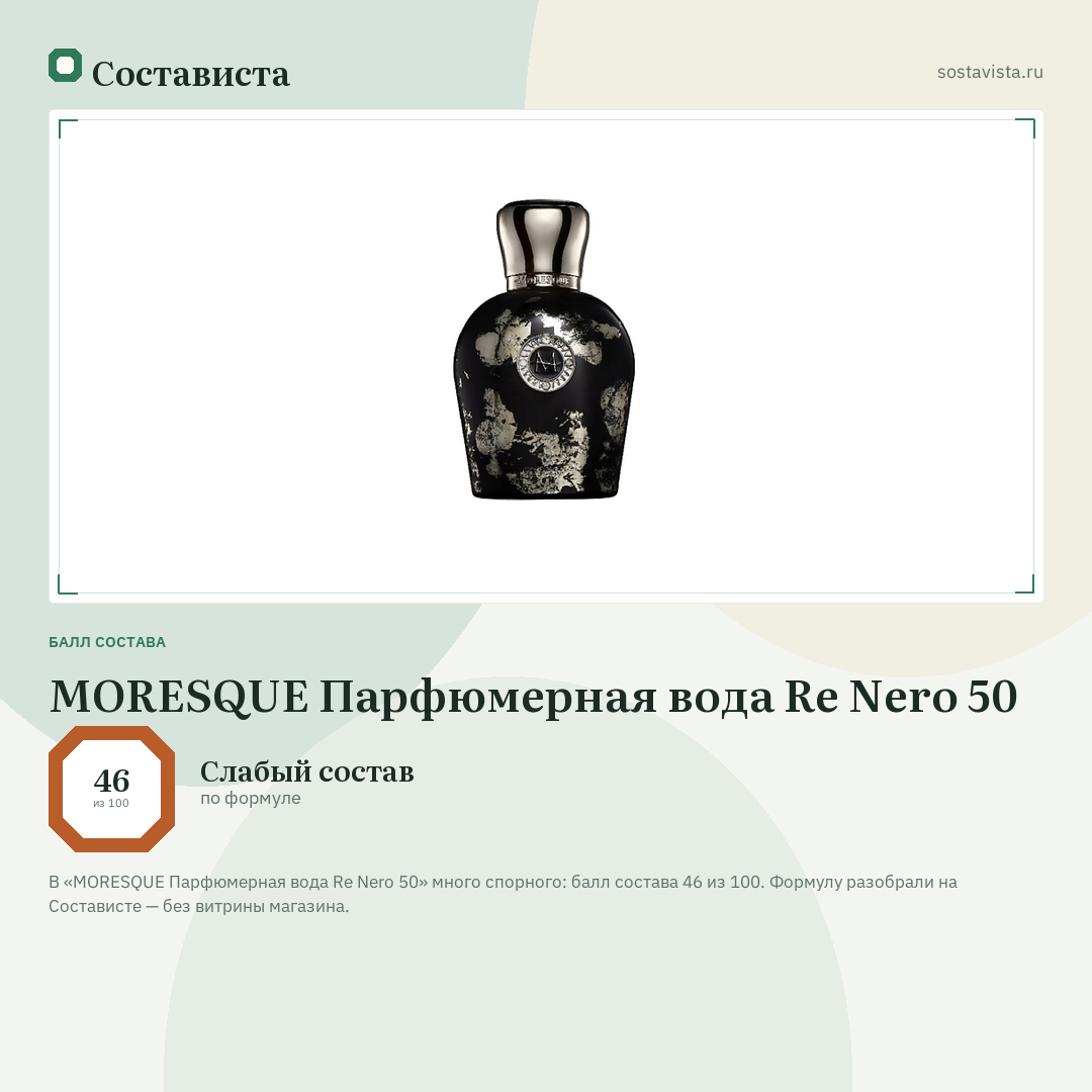 MORESQUE Парфюмерная вода Re Nero 50: балл состава 46 из 100 — Состависта