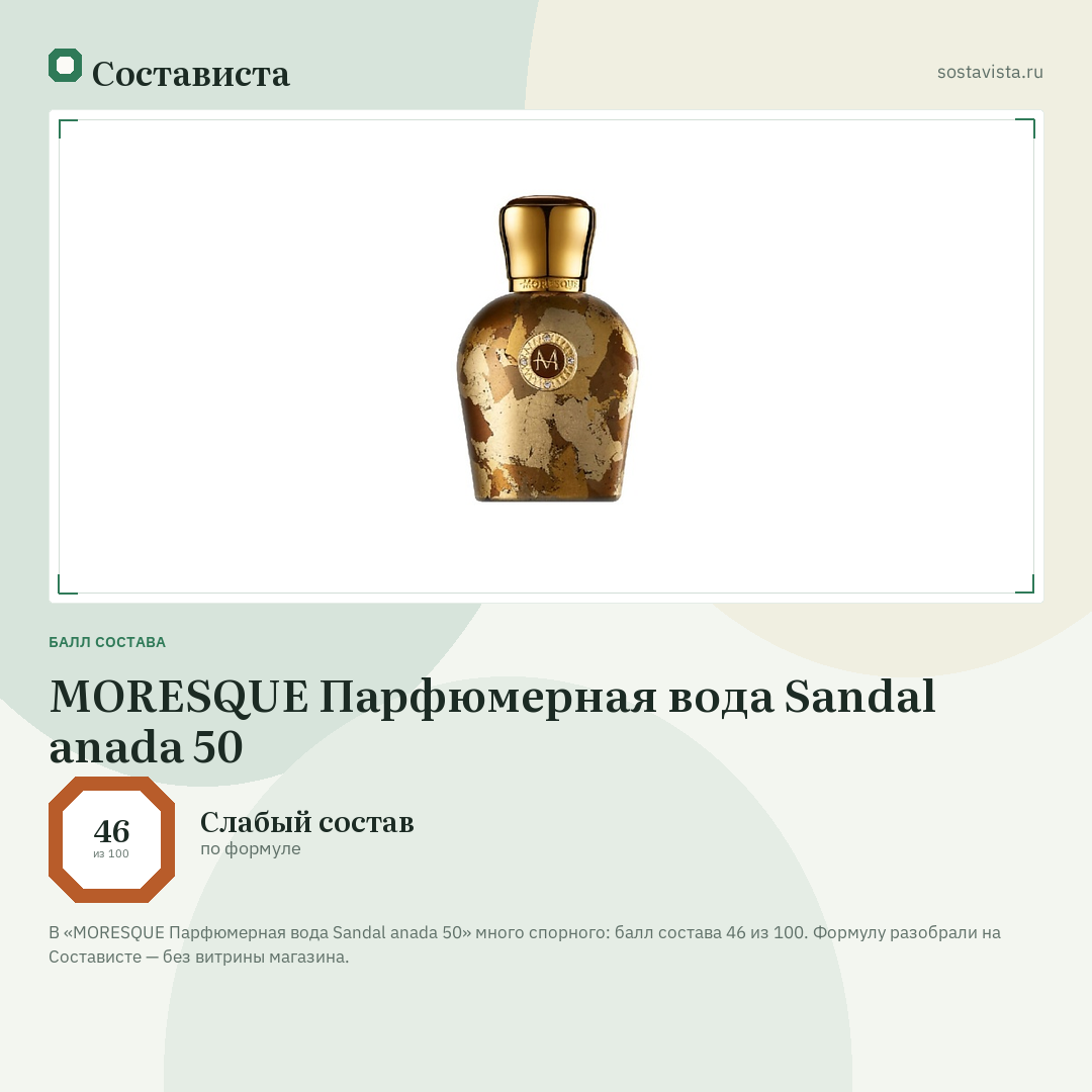 MORESQUE Парфюмерная вода Sandal anada 50: балл состава 46 из 100 — Состависта