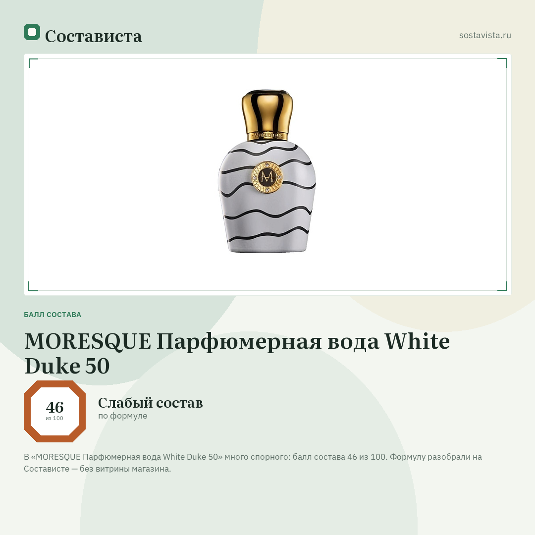 MORESQUE Парфюмерная вода White Duke 50: балл состава 46 из 100 — Состависта