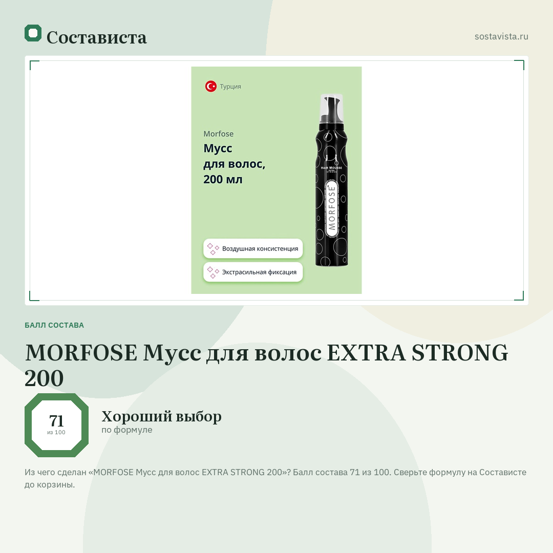 MORFOSE Мусс для волос EXTRA STRONG 200: балл состава 71 из 100 — Состависта