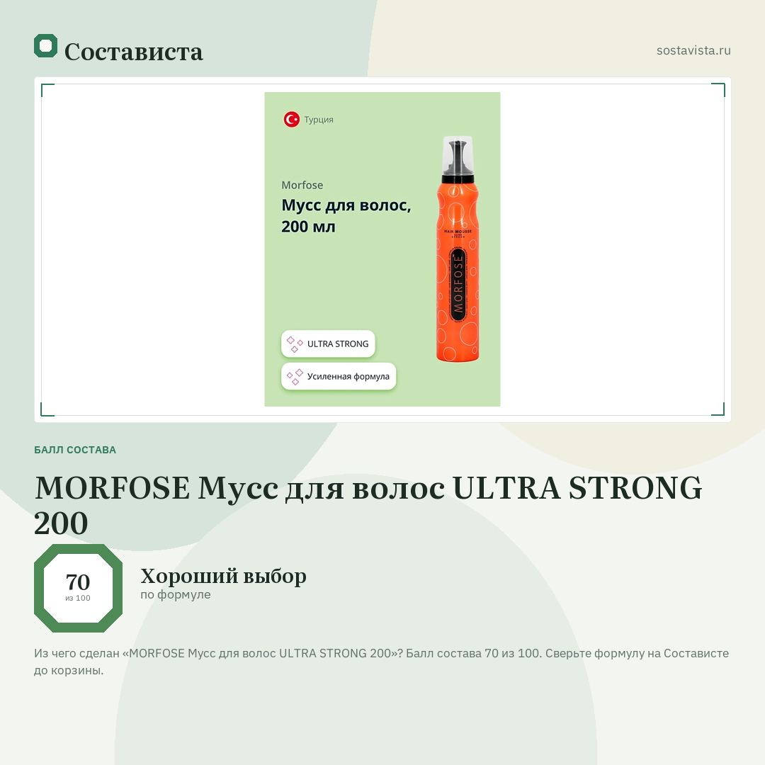 MORFOSE Мусс для волос ULTRA STRONG 200: балл состава 70 из 100 — Состависта