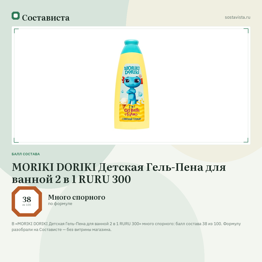 MORIKI DORIKI Детская Гель-Пена для ванной 2 в 1 RURU 300: балл состава 38 из 100 — Состависта