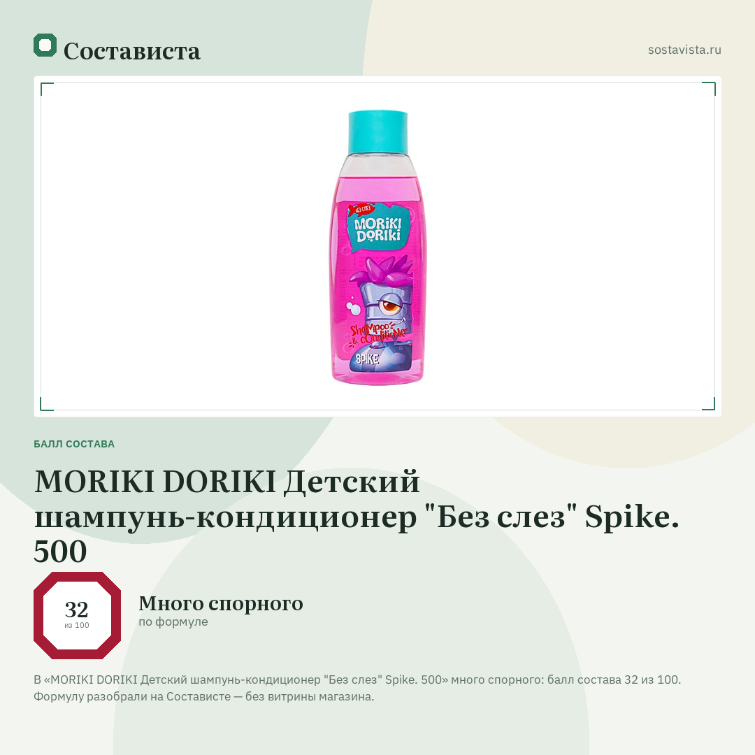 MORIKI DORIKI Детский шампунь-кондиционер "Без слез" Spike. 500: балл состава 32 из 100 — Состависта