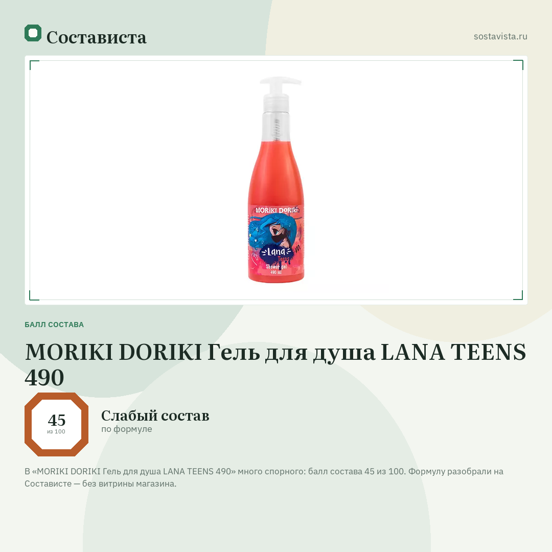 MORIKI DORIKI Гель для душа LANA TEENS 490: балл состава 45 из 100 — Состависта