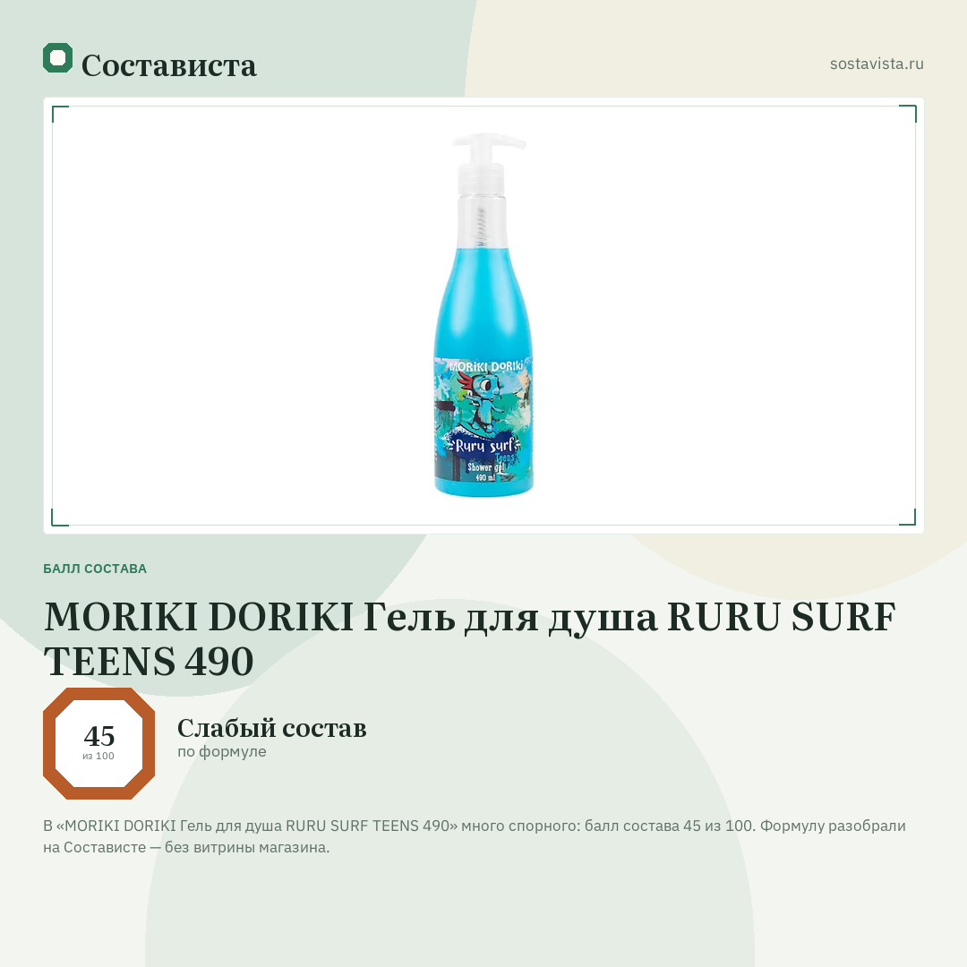 MORIKI DORIKI Гель для душа RURU SURF TEENS 490: балл состава 45 из 100 — Состависта