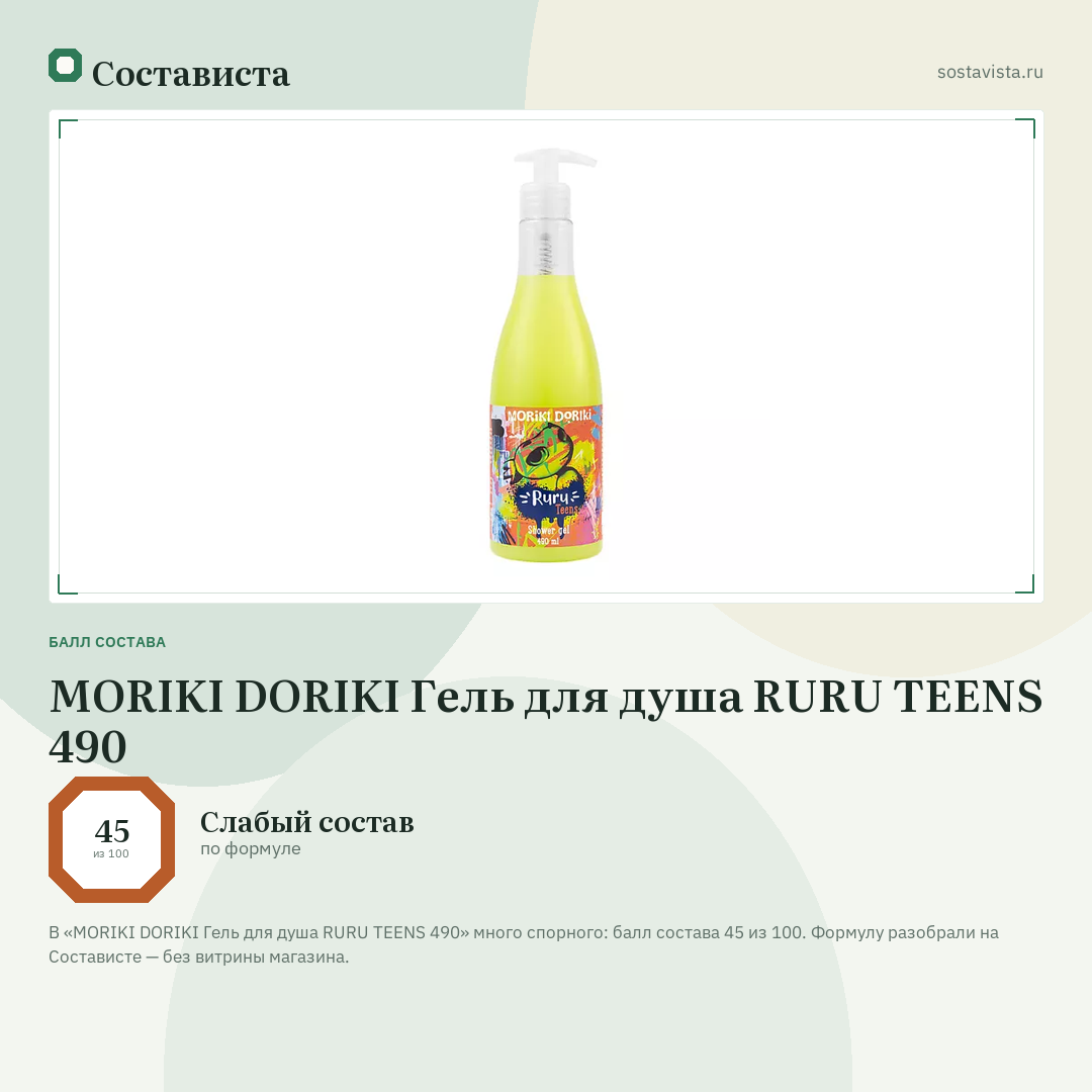 MORIKI DORIKI Гель для душа RURU TEENS 490: балл состава 45 из 100 — Состависта
