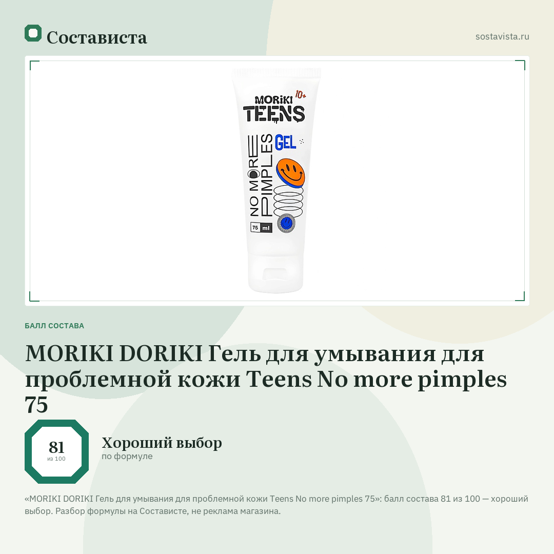 MORIKI DORIKI Гель для умывания для проблемной кожи Teens No more pimples 75: балл состава 81 из 100 — Состависта