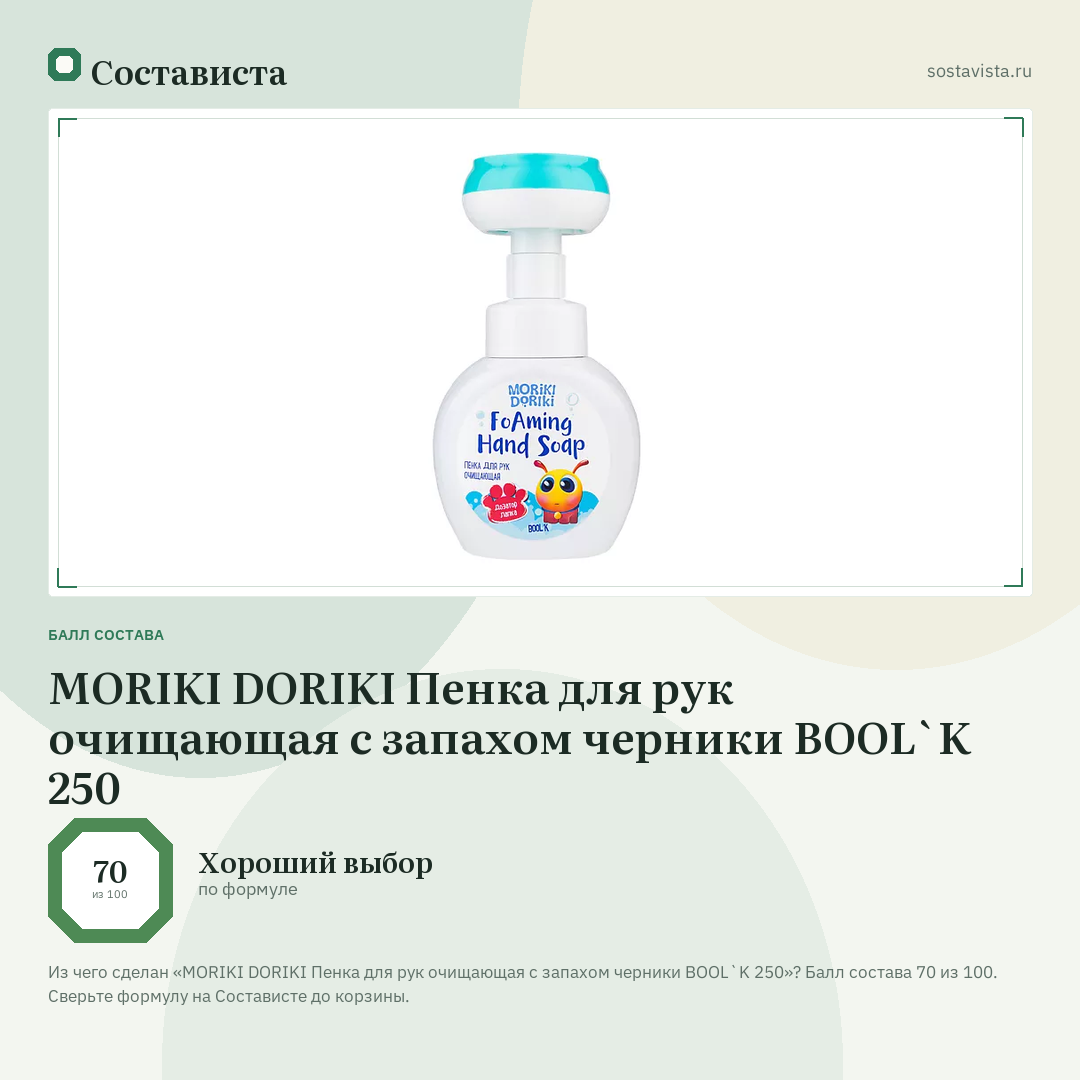 MORIKI DORIKI Пенка для рук очищающая с запахом черники BOOL`K 250: балл состава 70 из 100 — Состависта
